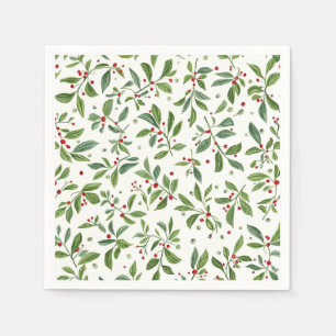 Merry Mistletoe Red Berry White Watercolor Napkin