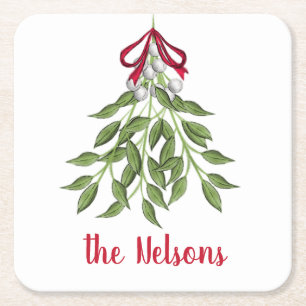 Merry Mistletoe White Berries Square Paper Coaster