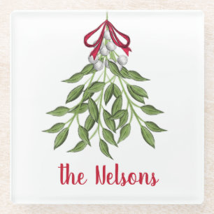 Merry Mistletoe with White Berries Glass Coaster