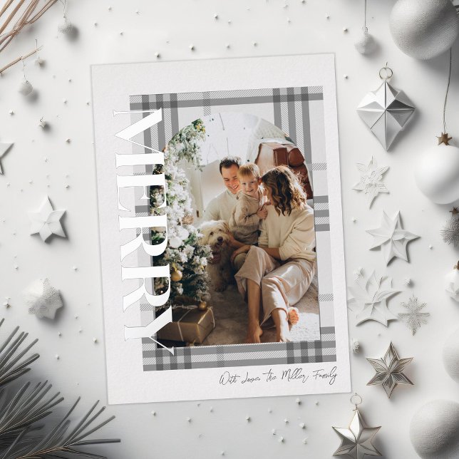 Merry Modern and Grey Plaid Family Photo Foil Holiday Card (Creator Uploaded)