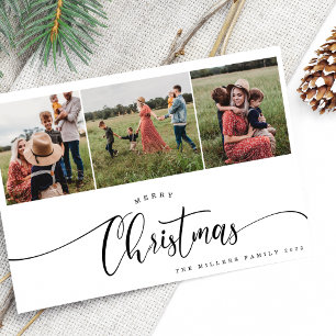 Merry modern Black calligraphy Christmas 3 Photo Holiday Card