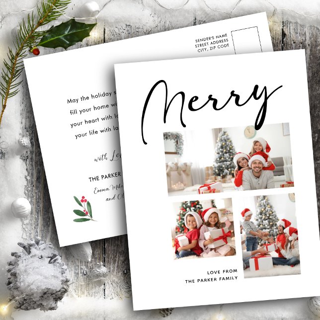 MERRY Modern Black Script Chic Minimalist Photo Holiday Postcard (Creator Uploaded)