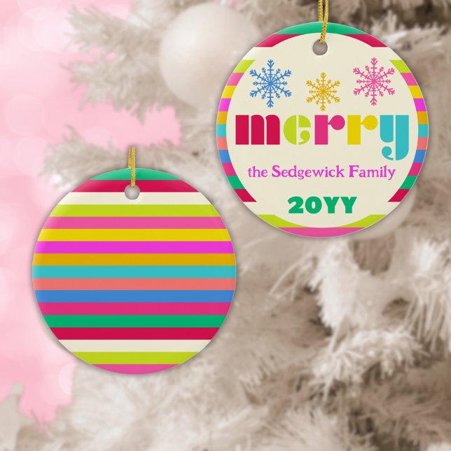 merry Modern Bold Colourful Personalised Ceramic Tree Decoration (bright colorful personalized merry striped ornament)