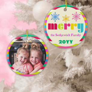 merry Modern Bold Colourful Personalised Photo Ceramic Tree Decoration