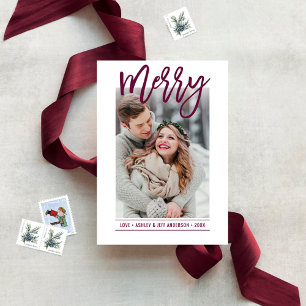 Merry Modern Burgundy Script Newlywed Photo Holiday Card