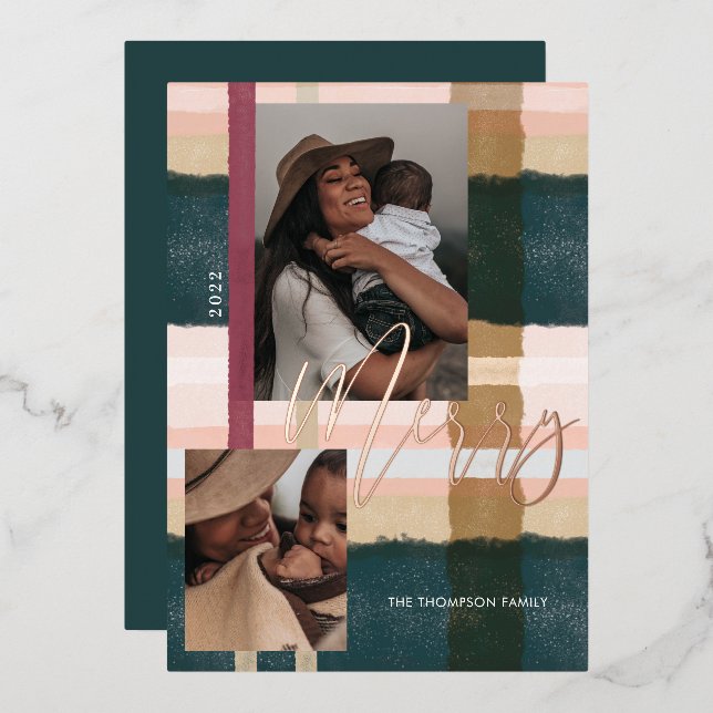 Merry Modern Green & Pink Plaid Plaid Two Photo Foil Holiday Card (Front/Back)