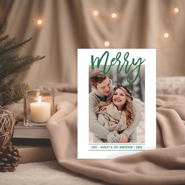 Merry Modern Green Script Newlywed Photo Holiday Card (Creator Uploaded)
