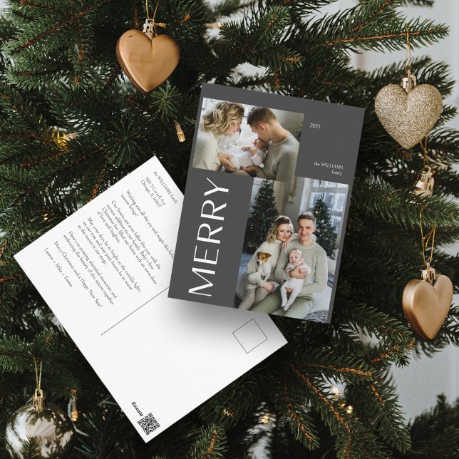 Merry Modern Grey 2 Photo Christmas  Holiday Postcard (Spread Cheer! Customize Your 'MERRY' Photo Holiday Card 📷🎄 [Upload Here])