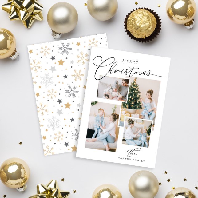 Merry Modern handwritten calligraphy 4 Photo Holid Holiday Card (Creator Uploaded)