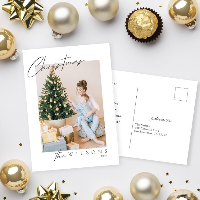 Merry Modern handwritten calligraphy Photo Holiday Postcard (Creator Uploaded)