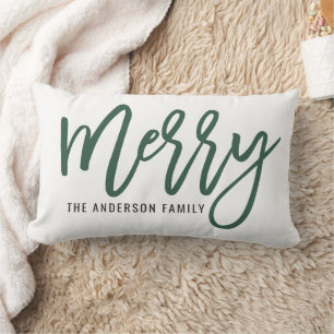 Merry Modern Hunter Green Script Holiday Christmas Lumbar Cushion