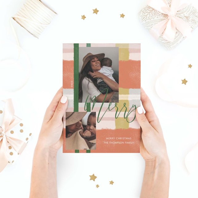 Merry Modern Peach & Green Plaid Plaid Two Photo Holiday Card (Creator Uploaded)
