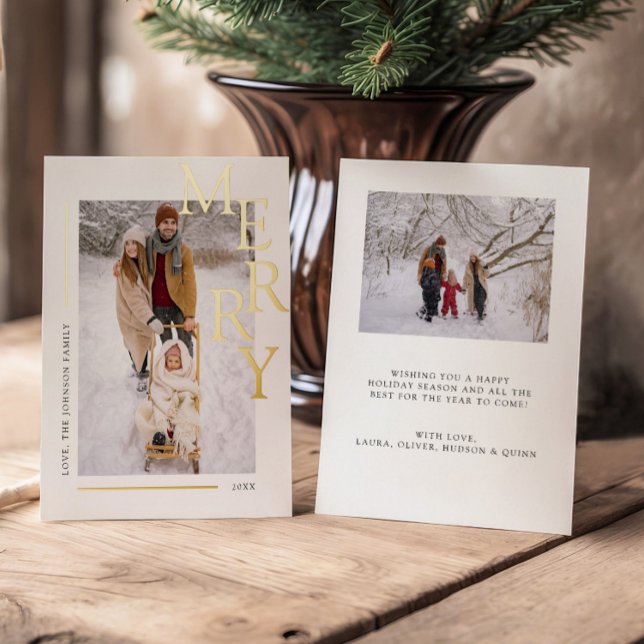 Merry Modern Photo Christmas Greetings Foil Holiday Card (Creator Uploaded)