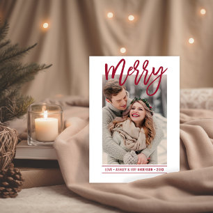 Merry Modern Ruby Red Script Newlywed Photo Holiday Card
