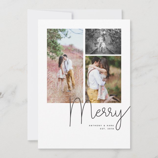 "Merry" Modern Script Multi Photo Holiday Card (Front)