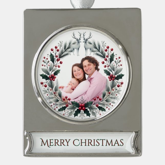 Merry Moments – Customisable Christmas Keepsake Silver Plated Banner Ornament (Front)