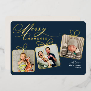Merry Moments Dark Blue Photo Collage Gold Foil Holiday Card