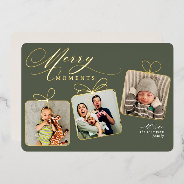 Merry Moments Dark Green Photo Collage Gold Foil Holiday Card (Front/Back)