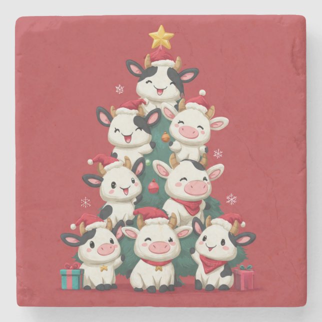 Merry Moo Christmas Stone Coaster (Front)