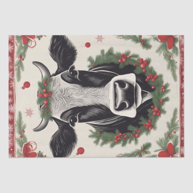 Merry Moo-mas: Cow Dressed for Christmas Decoupage Tissue Paper (Front)