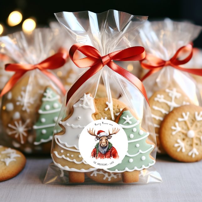 Merry Moose-mas Personalized Watercolor Christmas Classic Round Sticker (Creator Uploaded)