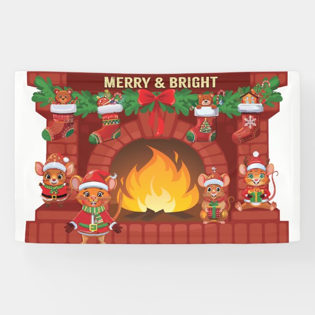 Merry Mouse Christmas Fireplace Banner (Horizontal)