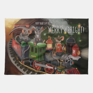 Merry Mouse Holiday Train   Tea Towel