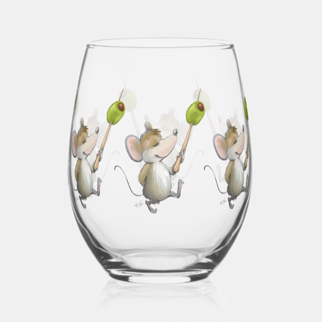 Merry Mouse Moe with Olive Drinkware Set Stemless Wine Glass (Front)