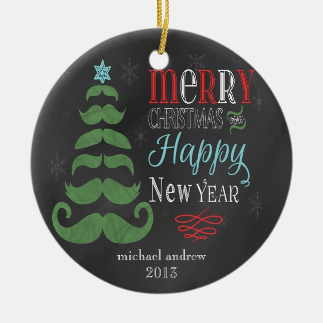 Merry Moustache Chalkboard Christmas Ornament (Front)