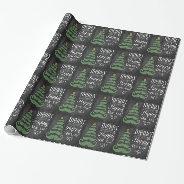 Merry Moustache Chalkboard Christmas Wrapping Paper (Unrolled)
