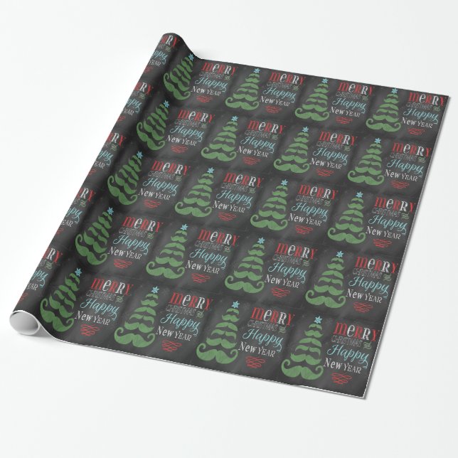 Merry Moustache Chalkboard Christmas Wrapping Wrapping Paper (Unrolled)