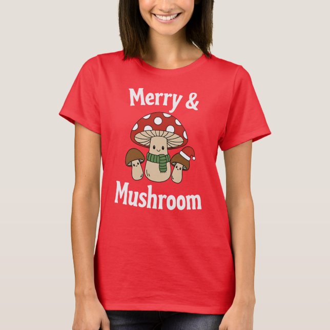 Merry & Mushroom, Cute Christmas Toadstools T-Shirt (Front)
