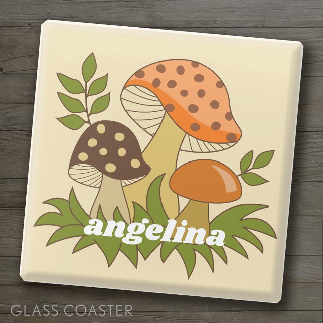 Merry Mushroom with Custom Name Glass Coaster (Custom Coasters)