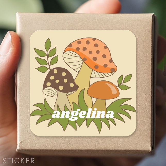 Merry Mushroom with Custom Name Square Sticker (Custom Sticker - Personalize with your info for a party favor or gift)