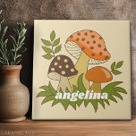 Merry Mushroom with Custom Name Tile<br><div class="desc">A fun design with funky mushrooms. A throwback design with avocado green, brown and orange shades.</div>