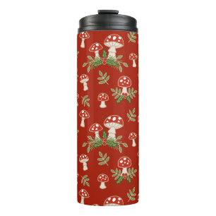 Merry Mushrooms on Cranberry Thermal Tumbler