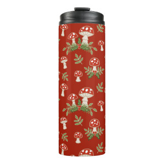 Merry Mushrooms on Cranberry Thermal Tumbler