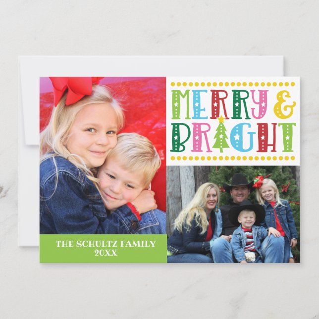 Merry n Bright Modern Family Photo Christmas Card (Front)