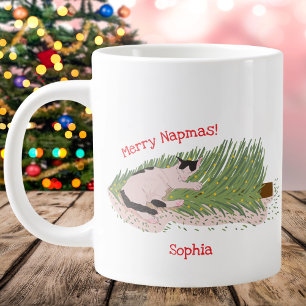 Merry Napmas! Funny Cat vs Christmas Tree Large Coffee Mug