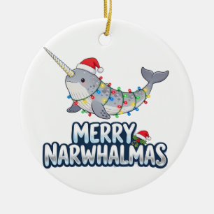 Merry Narwhalmas Wearing a Santa Hat Christmas Ceramic Tree Decoration