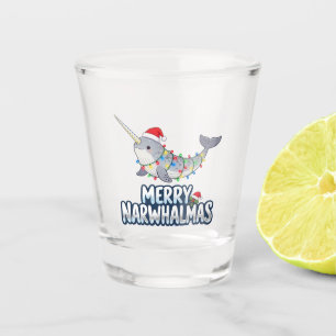 Merry Narwhalmas Wearing a Santa Hat Christmas Shot Glass