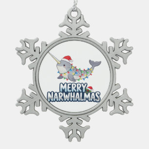 Merry Narwhalmas Wearing a Santa Hat Christmas Snowflake Pewter Christmas Ornament