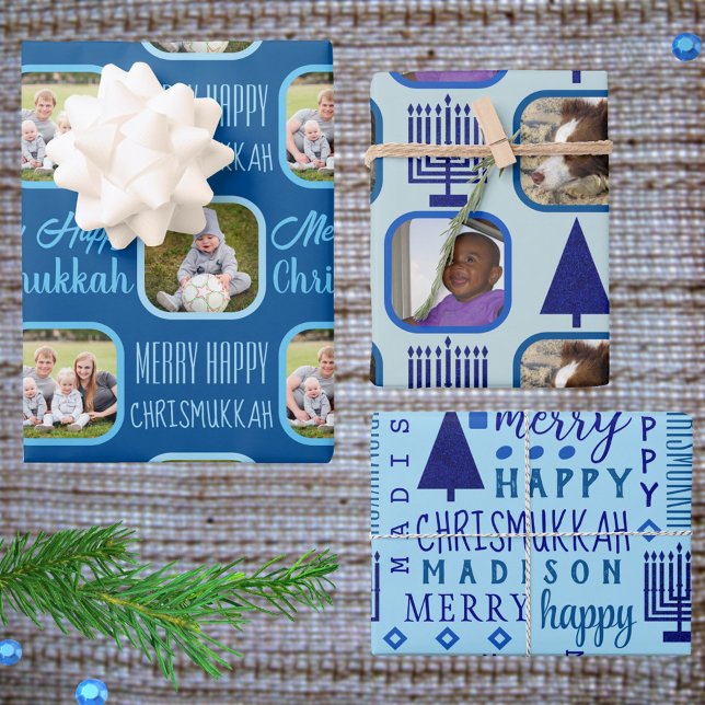 Merry Navy Interfaith Chrismukkah Assortment Wrapping Paper Sheet (Add your photos and child's name to this fun personalized interfaith holiday wrapping paper)