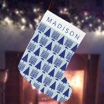Merry Navy Interfaith Chrismukkah Cute Childs Name Large Christmas Stocking<br><div class="desc">Create your own personalised navy blue Menorah and Christmas tree pattern Christmas stocking as a perfect crossover for Chrismukkah and Hanukkah celebrations. The classic Christmas stocking with the iconic symbols of both Christmas and Hanukkah in deep navy blue is cute for children and pets but adults will love it too....</div>