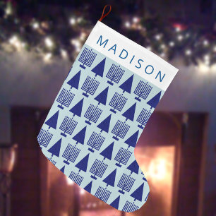 Merry Navy Interfaith Chrismukkah Cute Childs Name Large Christmas Stocking