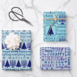 Merry Navy Interfaith Everything Add Childs Name Wrapping Paper Sheet<br><div class="desc">Add this MERRY HAPPY EVERYTHING personalised gift wrapping sheet assortment with your child's name and a typography design theme of dark blue mixed fonts and navy blue Menorahs and Christmas trees to your one of a kind personalised Hanukkah, Christmas or interfaith Chrismukkah celebration. Wrapping Paper Sheet One is set on...</div>