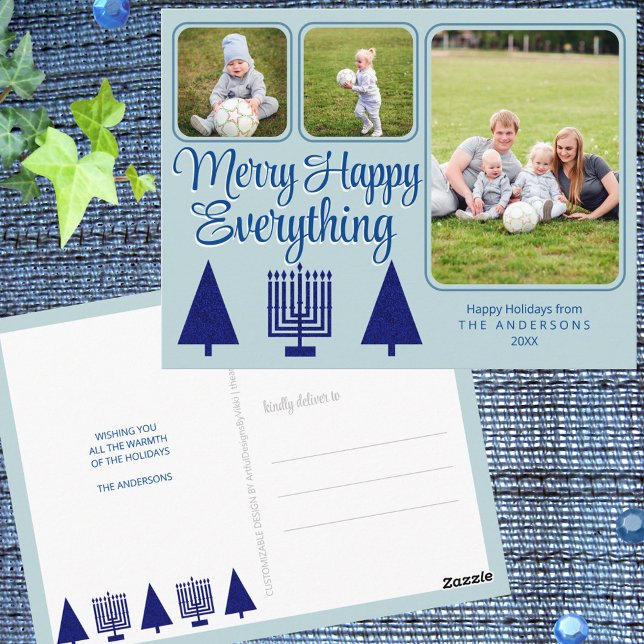 Merry Navy Interfaith Family Kids 3 Photo Holiday Postcard (Add your photos and text to these custom MERRY HAPPY EVERYTHING holiday postcards)