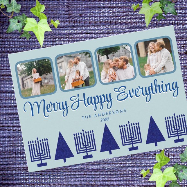 Merry Navy Interfaith Menorah Tree Cute 4 Photo Holiday Card (Blue Christmas trees and Hanukkah menorahs let interfaith families send holiday greetings to all)