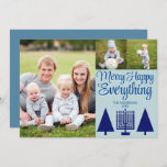 Merry Navy Interfaith Tree Menorah Cute 3 Photo Holiday Card<br><div class="desc">Photo templates make designing your own 3 photo collage holiday cards a snap with this modern elegant script Merry Happy Everything design in navy and pastel blue. Add your favourite large photo on the left of these custom cards then add two smaller pictures on the upper right above MERRY HAPPY...</div>