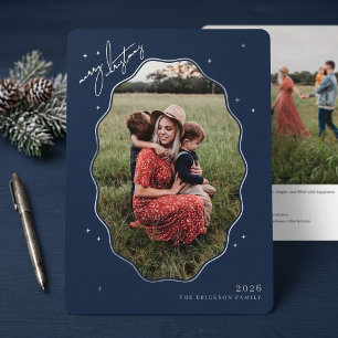 Merry Navy Scallop Frame Photo Foil Holiday Card